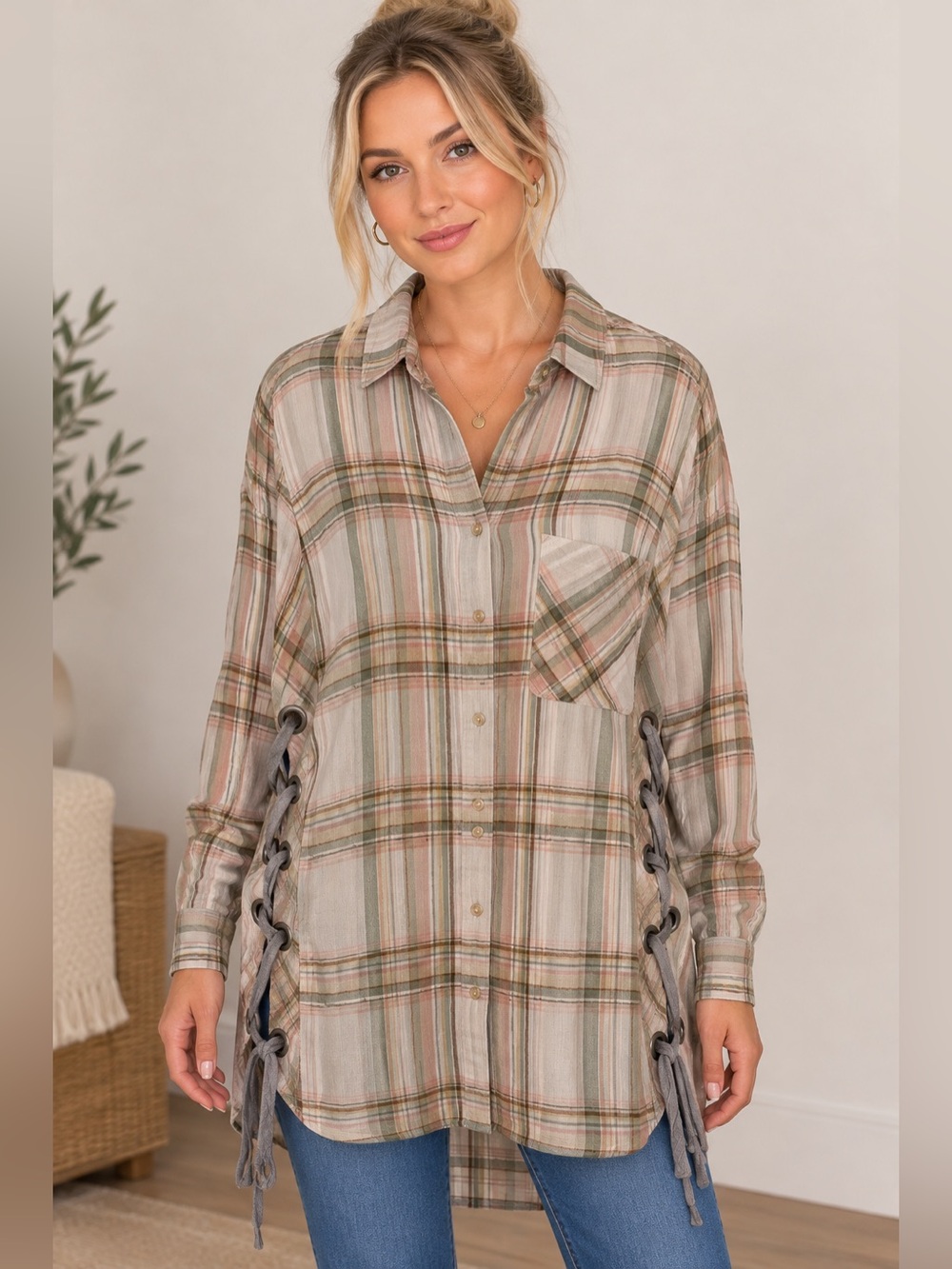 Free People Nordic Day Tunic Plaid Side-Lace Button Down